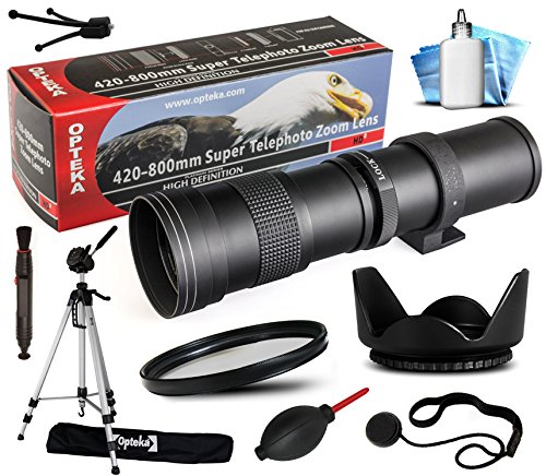 Opteka 420-800mm f/8.3 HD Telephoto Zoom Lens Bundle Package includes 70" Tripod Photo/Video Tripod + UV Ultra Violet Filter + Tulip Hood + Air Dust Blower + Cap Keeper + Lens Pen + Cleaning Kit for Panasonic Lumix DMC-G1, DMC-G10, DMC-G2, DMC-G3, DMC-G5, DMC-G6, DMC-GF1, DMC-GF2, DMC-GF3, DMC-GF5, DMC-GF6, DMC-GH1, DMC-GH2, DMC-GH3, DMC-GH4, DMC-GM1, DMC-GM5, DMC-GX1, DMC-GX7, DMC-L1, DMC-L10 DSLR SLR Digital Camera