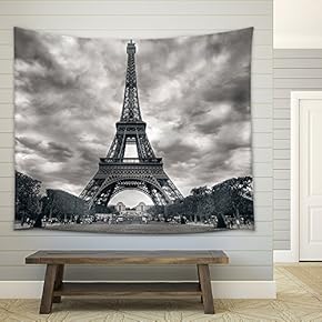 Eiffel Tower with Dramatic Sky Monochrome Black and White - Fabric Wall Tapestry Home Decor - 51x60 inches