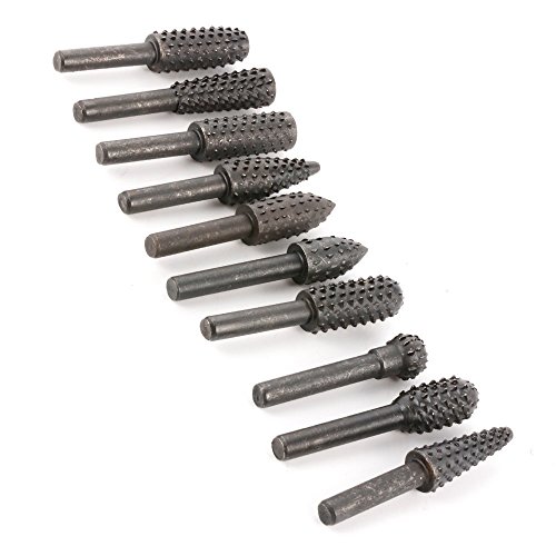 Set of 10pcs Rotary Burrs with 1/4" (6mm) Shank, Wood Carving File Rasp Drill Bits Chisel Shaped Rotating Embossed Grinding Head Power Tools