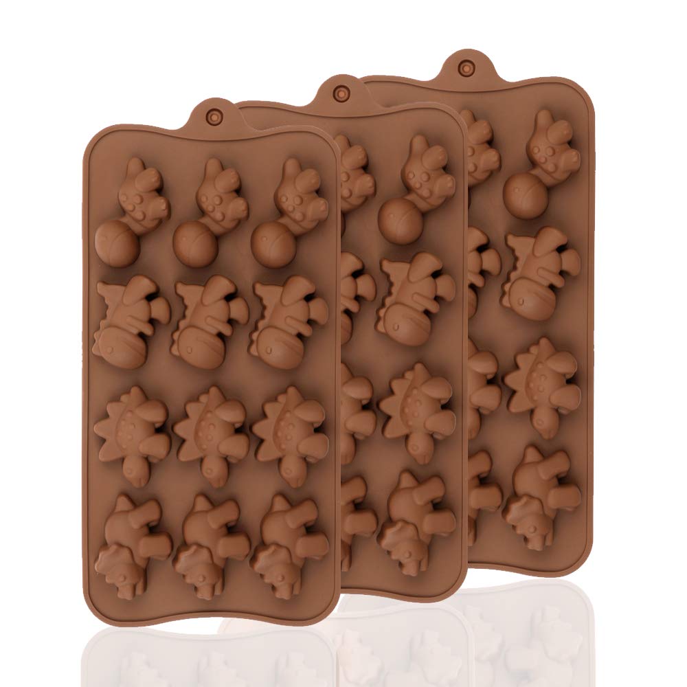 BREEZO Silicone Chocolate Mould, 3PCS 12-Cavity Dinosaur Shape Candy Moulds Non Stick Reusable DIY Baking Molds for Candy Chocolate Jelly Bread and so on