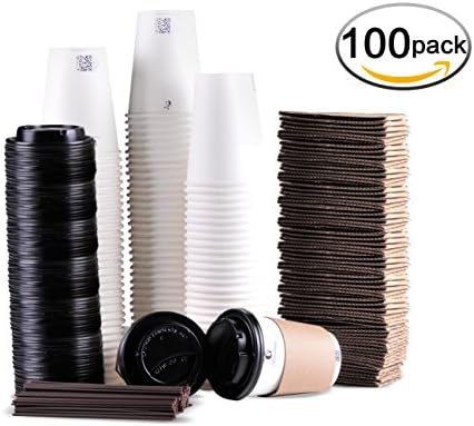 Disposable Coffee Cups To Go with Travel Lids Sleeves and Straws 100% Biodegradable &amp; Compostable Pla Paper Coffee Cups 100 Sets of 12 oz