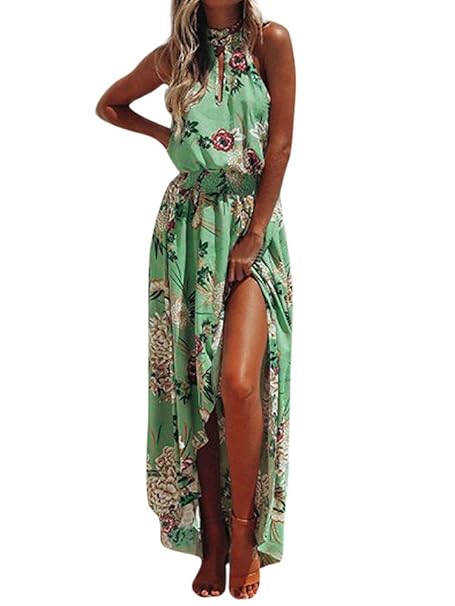 Selou Damen Boho Langes Maxikleid Ärmellos Chiffon Party Sommer Sommerkleid Frauen Blumen Volants Punk Hawaii Spaghetti Prinzessin Asymmetrische Elegante Lange Kleider
