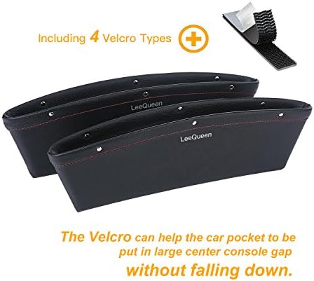 Car Pocket Organizer Premium PU Leather Seat Catch Caddy- Console Gap Filler- Seat Side Pocket Car Interior Accessories LeeQueen (Including 4 Velcros) ( 2 packs) (Black)