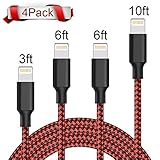 Lightning Cable,AOFU Charger Cables 4Pack 3FT 6FT 6FT 10FT to USB Syncing and Charging Cable Data Nylon Braided Cord Charger for iPhone 7/7 Plus/6/6 Plus/6s/6s Plus/5/5s/5c/SE and more (Black&Red)