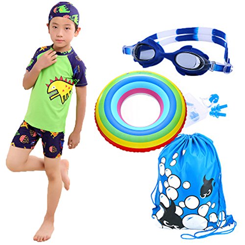 Monvecle Little Boys' 7-Pieces Short Sleeve Rash Guard Swimsuit Set with Swim Cap UPF 50+ Green 3T-4T