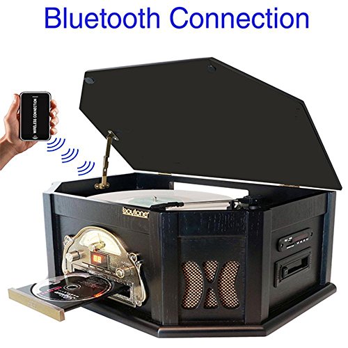 8-in-1 Boytone BT-25BK with Bluetooth Connection Natural wood Classic Turntable Stereo System, Vinyl Record Player, AM/FM, CD, Cassette, USB, SD slot. 2 Built-in Speaker, Remote Control, MP 3 Players