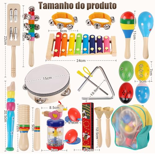 24 PCS Instrumentos de Percussão, Instrumentos Musicais, Xilofone, Brinquedo Musical, Bandinha Ritmica Instrumentos, Conjunto de Instrumentos de Percussão com Mochila Transparente