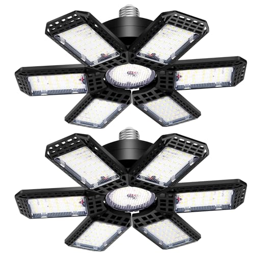 AUDLES 2 Pack Garage Lights, 200W 20000LM 6500K LED Shop Lights, Garage Light Ceiling Led with 6+1 Deformable Panels, Screw in E26/E27 Socket Bulb for Warehouse, Workshop, Basement, Barn Lighting