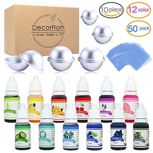 Bath Bomb Mold Set with Soap Colorant, Shrink Wrap Bags - Skin Safe Food Grade Soap Dye for Bath Bomb Making Supplies Kit - Liquid Bath Bomb Dye for CP M&P Soap Coloring, Crafts - with Instructions