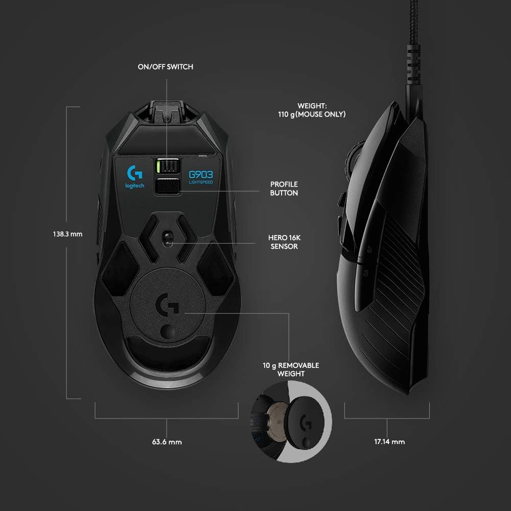 Logitech G903 LIGHTSPEED Wireless Gaming Mouse W/ Hero 16K Sensor, 140+ Hour with Rechargeable Battery and Lightsync RGB. PowerPlay Compatible, Ambidextrous, 107G+10G Optional, 16, 000 DPI: Computers & Accessories