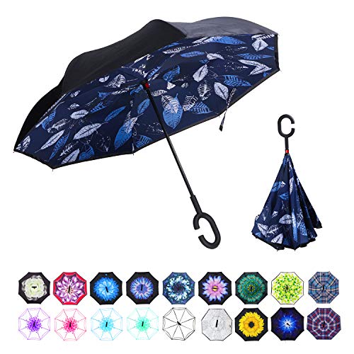 WASING Double Layer Inverted Umbrella Cars Reverse Umbrella, Windproof UV Protection Big Straight Umbrella for Car Rain Outdoor with C-Shaped Handle