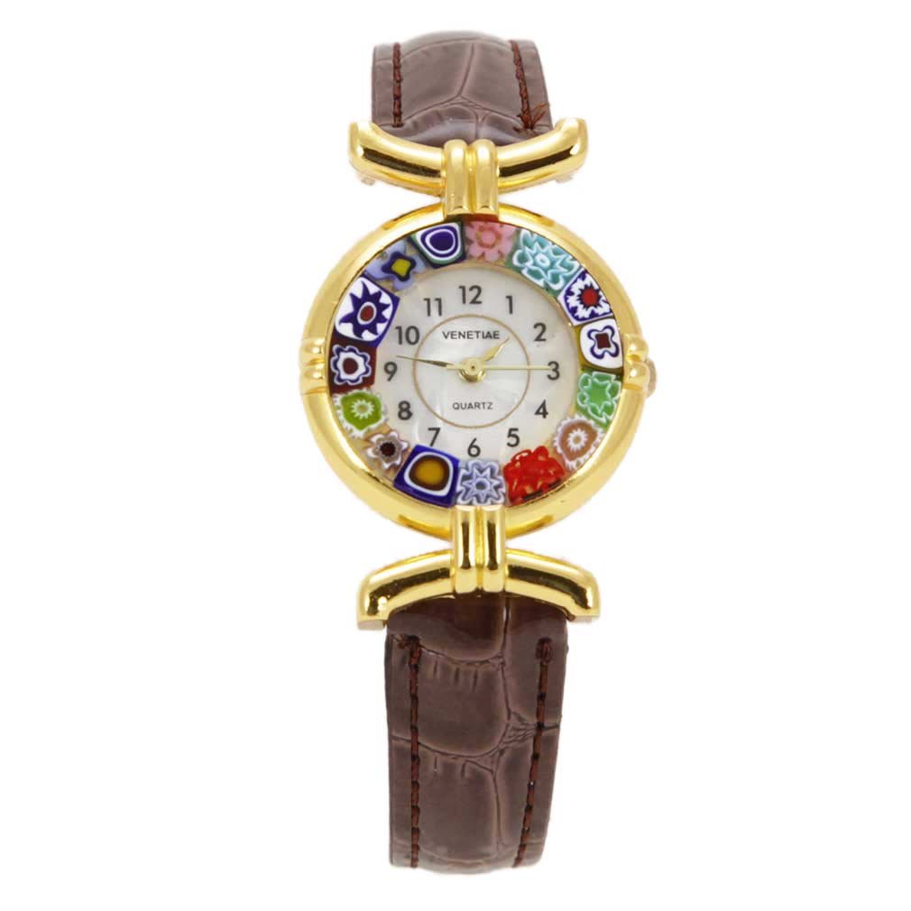 Glass Of Venice Murano Glass Millefiori Watch with Leather Band - Brown Multicolor