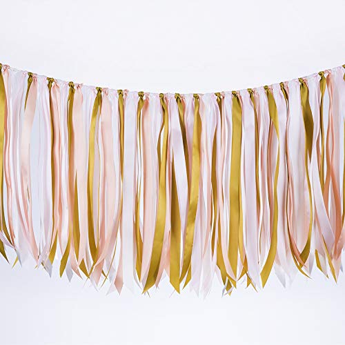 Fabric ribbon garlands with Tassel Garland already assembled ribbon hanging decoration for Baby shower, Weddings, Birthday, Anniversary, Graduation Party decoration Supplies Pink,White,Orange and Gold