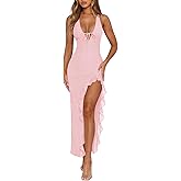 Women's Sexy Wedding Guest Dress Mesh Halter High Slit Ruffle Maxi Dress Formal Cocktail Dresses for Women
