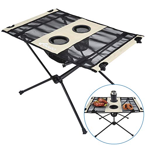 Geezo Lightweight Portable Foldable Camping Side Table with Cup Holders, Nylon Fabric Table Top and Aluminum Alloy Frame, Easy to Assemble and Clean, Compact and Durable(Unfolded: 22.4″ x 15.8″ x 15″)