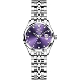 OLEVS Stainless Steel Watches for Women, Luxury Silver Ladies Watch with Date, Waterproof Analog Quartz Dainty Womens Watches, White/Pink/Blue/Purple Dial