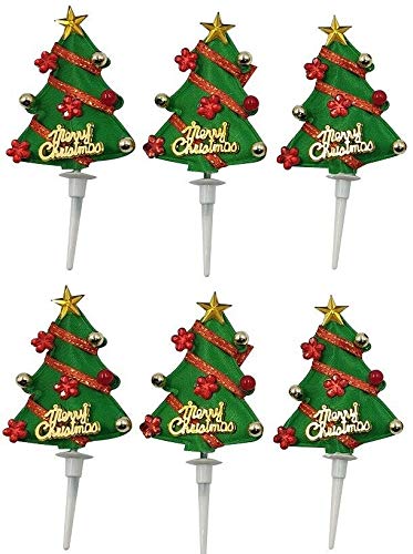 Christmas Cake Decorations Plastic Topper Cupcake Mini Christmas Fire Fabric Gold Trees and Trees with Snow (6xFabric Trees)