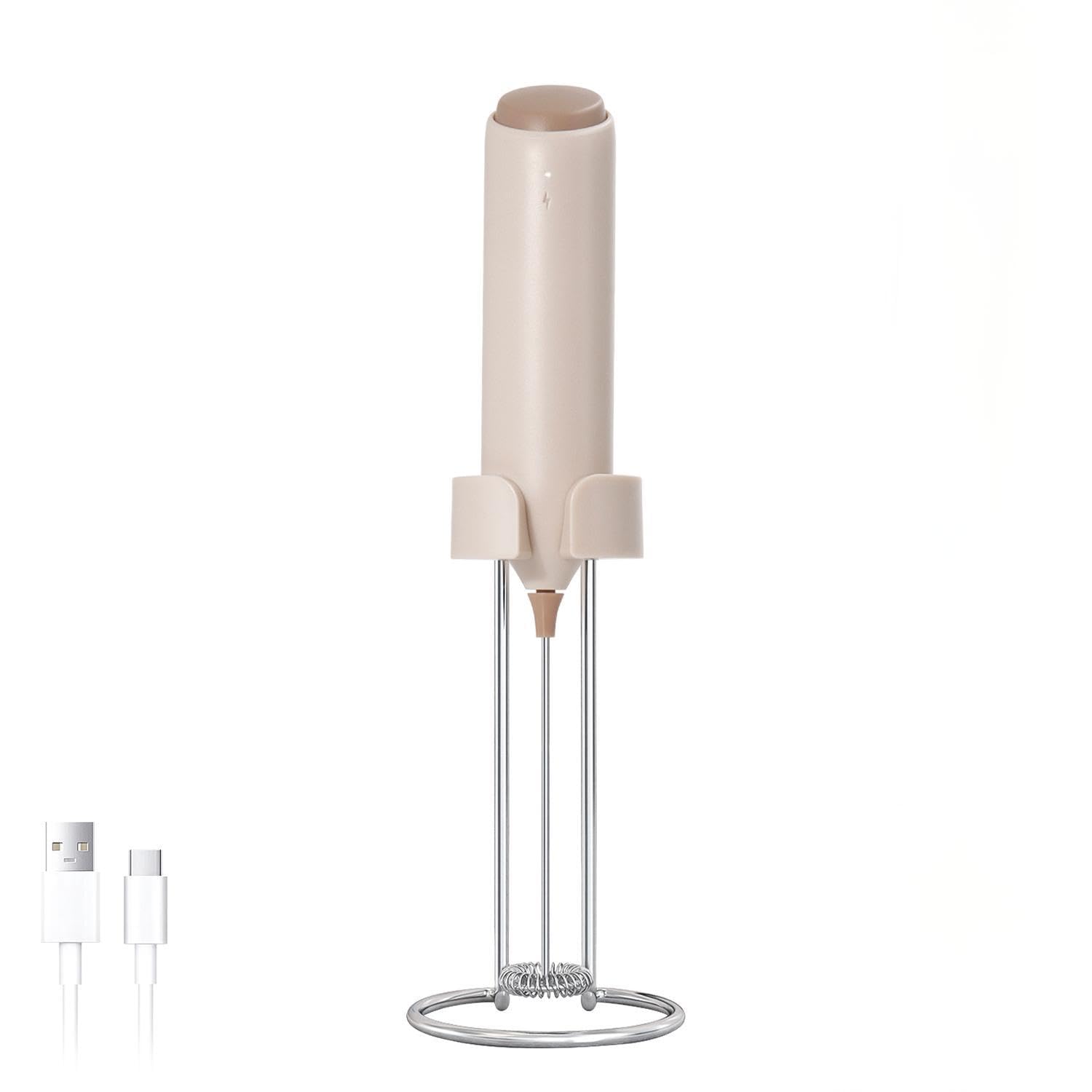 ELMWAY Rechargeable Milk Frother – Handheld Electric Whisk for Coffee, Latte & Matcha, Ergonomic Grip with Charging Stand or Wall Mount Holder – Beige