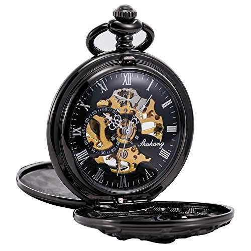 TREEWETO Antique Mechanical Pocket Watch Lucky Dragon Hollow Case Double Hunter Skeleton Dial with Chain + Gift Box