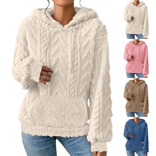 Fluffy Hoodies for Women UK Flannel Fleece Oversized Long Sleeve Sweatshirts Ladies Jacquard Solid Colour Fuzzy Soft Pullover Tops