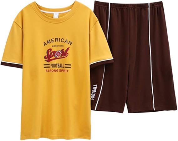 Amazon Co Jp メンズ パジャマ ルームウェア 夏用 部屋着 寝巻き 半袖 ショーパン 上下セット 丸首 コットン 薄手 柔らかい 快適 男性用 カジュアル スポーティー お出掛け 大きいサイズ イエロー 2点セット 服 ファッション小物