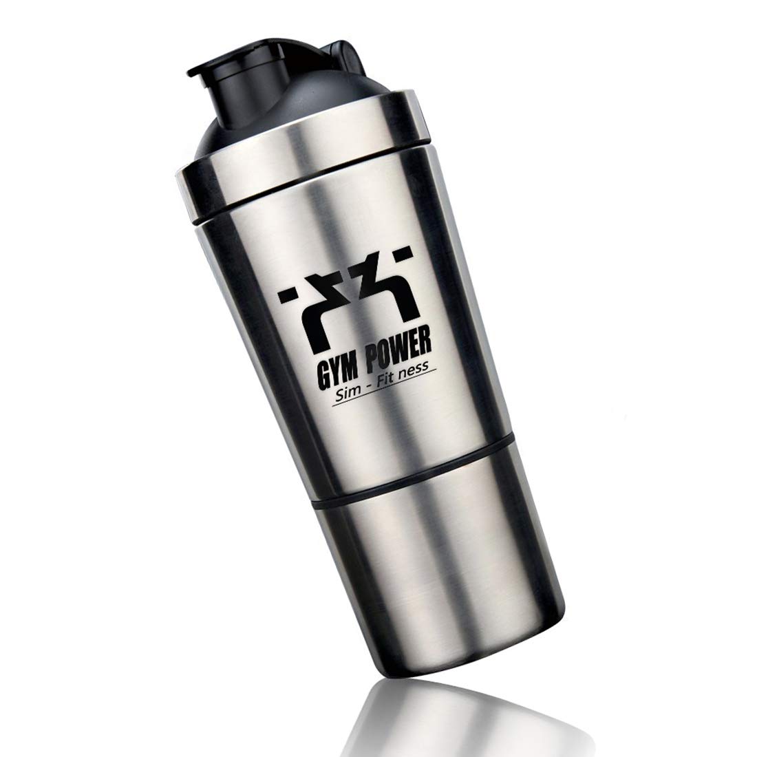 GYM POWER Protein Shaker Stainless Steel Sport Protein Mixer Bottle with Powder Container Mixer Ball 600 ml + 200 ml