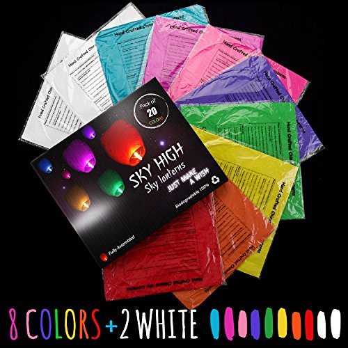 Chinese Lanterns 20-Pack Multi-Color, Fully Assembled And Fuel Cell Attached Is 100% Biodegradable, New Designed Sky Lantern With Gift Box Coral Entertainments For Any occasion. (Multi-Color)