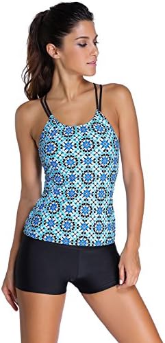 Beatifully Qearl women Bluish Patterned Shirr Tankini with Square Shorts