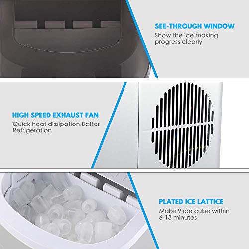 Colzer Portable Electronic Ice Maker Machine, Countertop Ice Maker,Make 9 Ice Cubes within 6-13 Minutes,33lbs Ice in 24 hours,Water Tank and Ice Scoop, Home,Kitchen,Bar,KTV (silver)