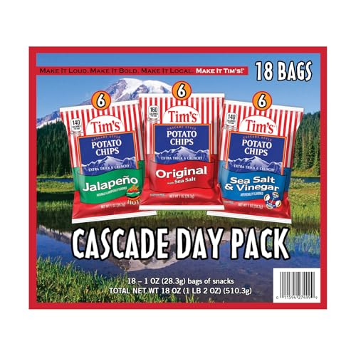 TIM’S CASCADE DAY PACK, 18 SINGLE-SERVE BAGS (1 OZ EACH) – INCLUDES JALAPEÑO, ORIGINAL WITH SEA SALT, AND SEA SALT & VINEGAR FLAVORS – EXTRA THICK & CRUNCHY CASCADE STYLE POTATO CHIPS SNACK VARIETY PACK