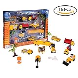 Fun Little Toys Boy's Construction Hero Role Play Action Diecast Vehicle Play Set with Diggers, Mixing Truck, Construction Trucks, Off-road Vehicles, SUV, and Accessories 16pcs