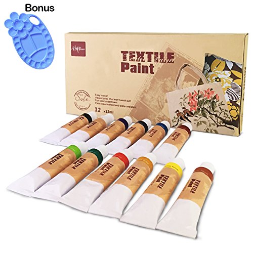 Hapree 12 Colors Fabric Paint Permanent Vibrant Color Textile Paints Dye for T-Shirt Clothing Canvas Wood Ceramic Glass, 12 x 12ml (0.4 fl. oz)
