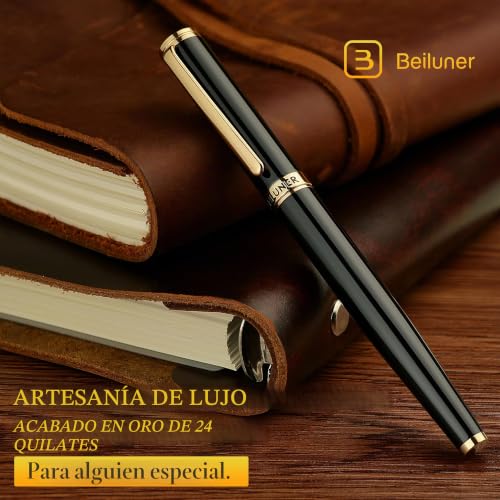 BEILUNER Luxury Fountain Pen, Piano Lacquer with 24K Gold Finish, Reliable Gift with Converter for Him and Her, Elegant Pen - Black and Gold, Fine Nib