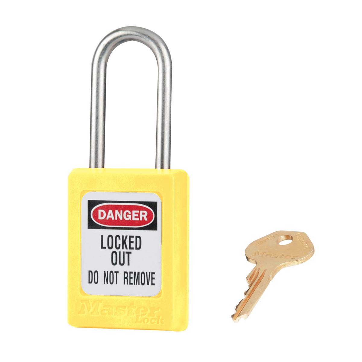 Master Lock Yellow Zenex™ thermoplastic Safety Padlock, 35mm Wide with 38mm Tall Stainless Steel Shackle, Key retaining, keyed Different