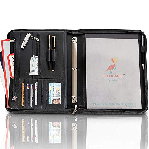 PELLICANO Professional Vegan Leather Portfolio Organizer - Black Handcrafted Faux Leather Business Padfolio for Men and Women with 3 Ring Binder, iPad Holder, Legal Pad, and More, 13 x 10.6 x 1.5 in.