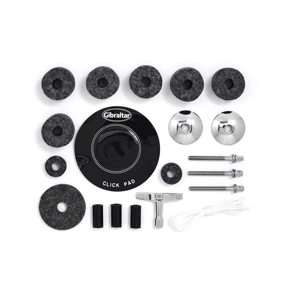 Gibraltar Accessory Drum Set - Drummers Tech Kit - bass drum click pad, clamp screw, clamp screw washer for cymbals, cymbal tilter sleeve, felts, snare cord, drum key, SC-DTK