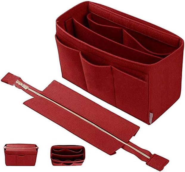 Baby Diaper Caddy Organizer, Portable Makeup Cosmetic Toiletry Holder, Multifunction and Foldable Felt Storage Insert Bag,Detachable Zipper,Changeable Compartments,Multi Pocket,Small,Red