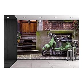 Green Vintage Scooter Parked in Street - Removable Wall Mural | Self-Adhesive Large Wallpaper - 66x96 inches