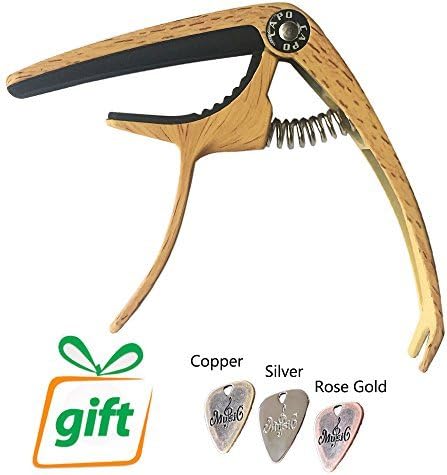 Maxian Music Ukulele Capo Guitar Capo A5 Wooden LDPE Capo for Guitar &amp; Bass &amp; Ukulele with 3 Guitar Picks as Gifts ( Light wood color )