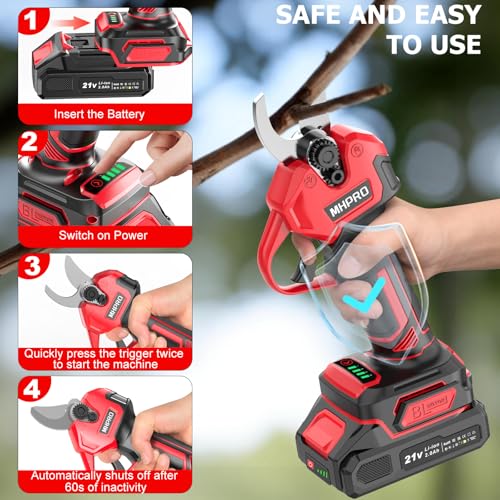 MHPRO Brushless Cordless Pruning Scissors, Electric Pruning Scissors 600W with 2 x 21 V 2000 mAh Batteries, LCD Screen, for Orchards, Landscaping and Professional Gardening, Red