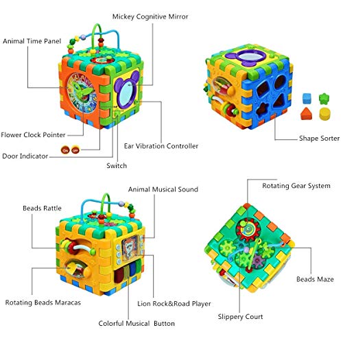 BBLIKE Baby Activity Cube with Bead Maze, 6 in 1 Multipurpose Activity Center Busy Learner Cube with Shapes Maze Music Gears Clock Educational for Kids 1 Year+