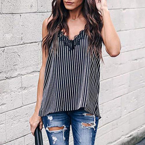 Womens Tops Summer,Lace Stripe T-Shirt Sexy Sleeveless Blouse Camisole Off Shoulder Sleepwear Tank Camis Polos Black