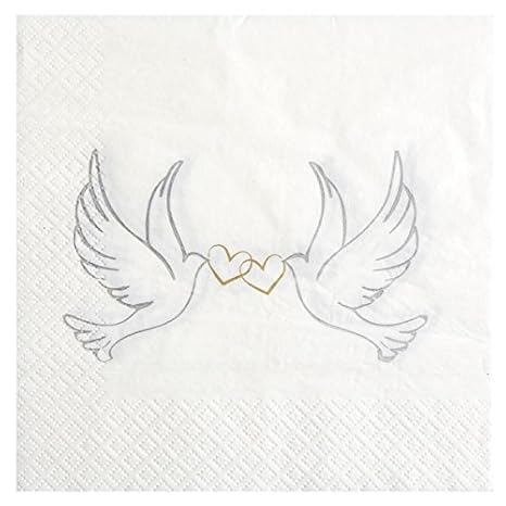 Hochzeitsservietten in weiss mit Tauben in silber & Herzen in gold - 20 Stück pro Packung