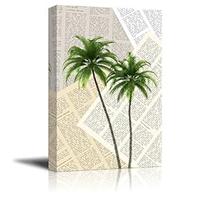 Canvas Wll Art - Palm Trees on Vintage Newspaper Background - Giclee Print and Stretched Ready to Hang - 12"x18"