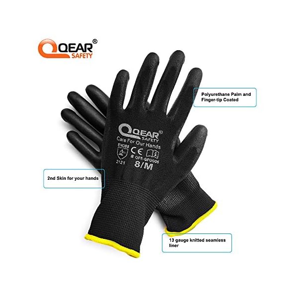 QEARSAFETY 12 Paar PU-beschichtete Arbeitshandschuhe, gestricktes Innenfutter, multifunktional, leicht, dÃ¼nn und atmungsaktiv (7/S, schwarz) – Bild 3