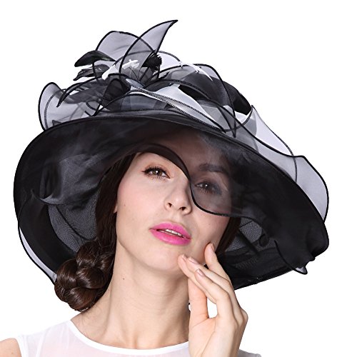 June's Young Women Race Hats Organza Hat with Ruffles Feathers (Black&White) - Thumbnail 3
