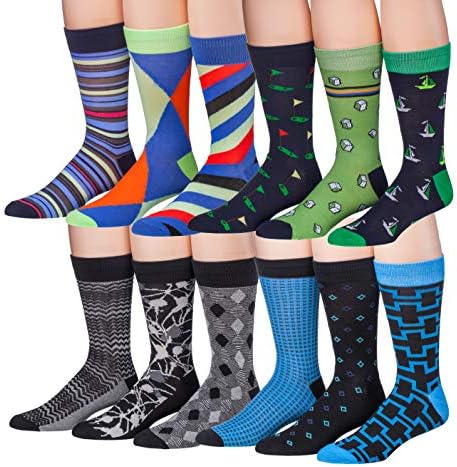 James Fiallo Mens 12-Pairs Funny Funky Crazy Novelty Colorful Patterned Dress Socks