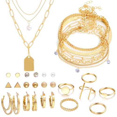 NEWITIN 33 Pieces Gold Jewelry Set for Women Fashion Costume Jewelry Gold Plated Necklace Bracelet Ring Earrings Set for Women