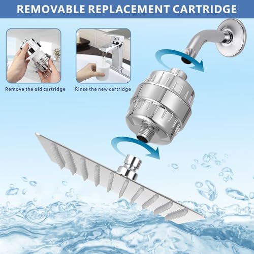 Voolan Rain Shower Head and Shower Filter Set, High Pressure Shower Heads Made of Stainless Steel, Filter Cartridge for Hard Water (25 cm, Square)