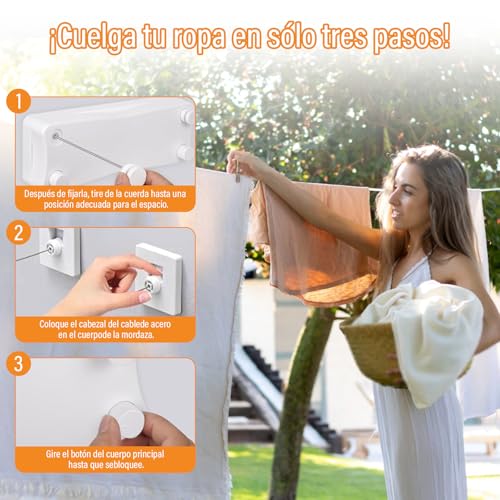 KIROGILY Tendedero Retractil Pared con 4 Pinzas para Ropa, Tendedero para Ropa Exterior Interiores, Tendederos Retractiles Ajustable 5.2 M, Capacidad de 25 KG, Ahorra Espacio, Fácil Instalación